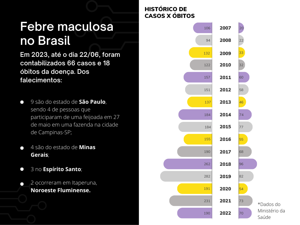 Imagem: Gráfico que mostra o histórico de casos e óbitos de febre maculosa no Brasil, bem como dados de 2023.